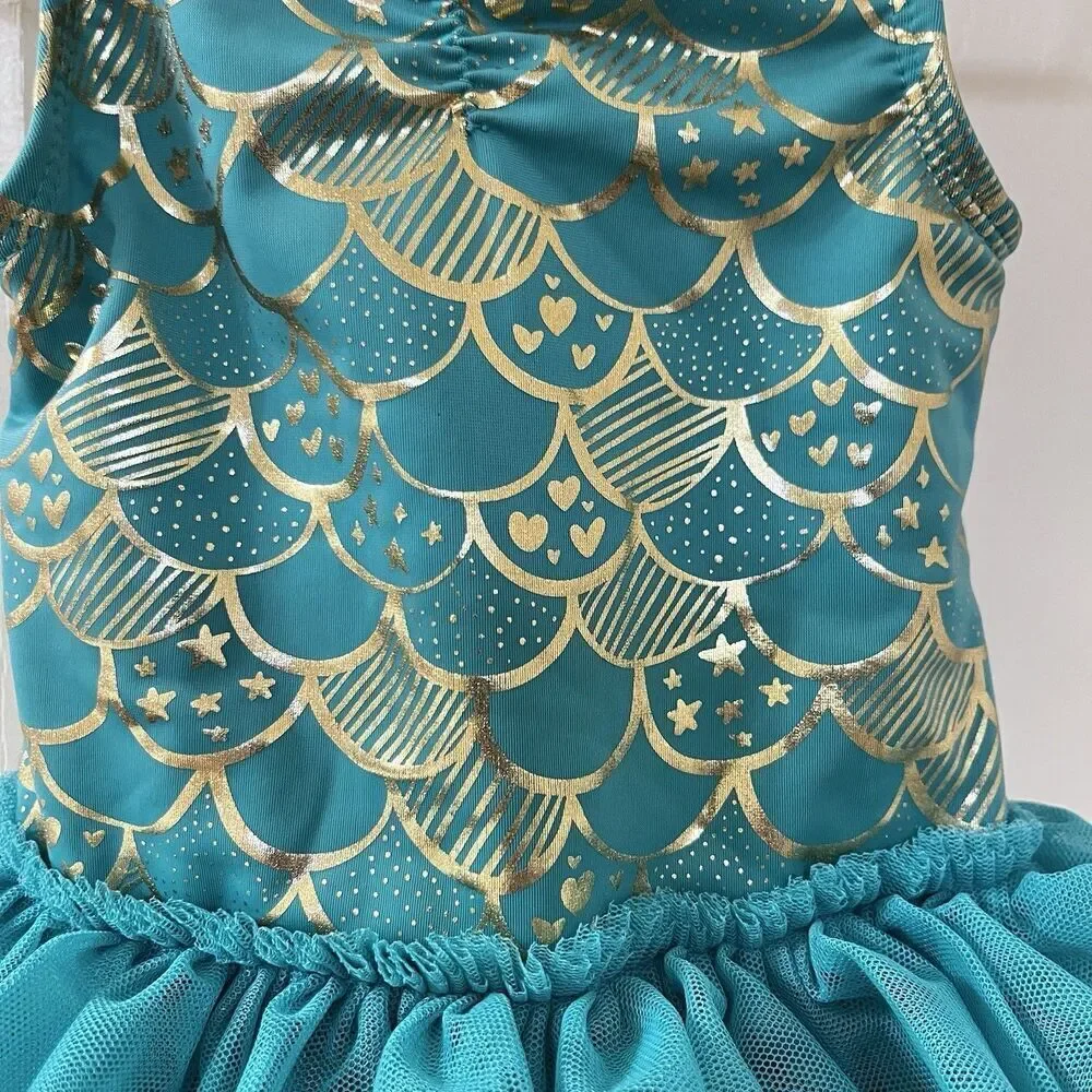 Cat & Jack Teal and Gold Mermaid Tulle Tutu One Piece Swimsuit Girls 12 Months